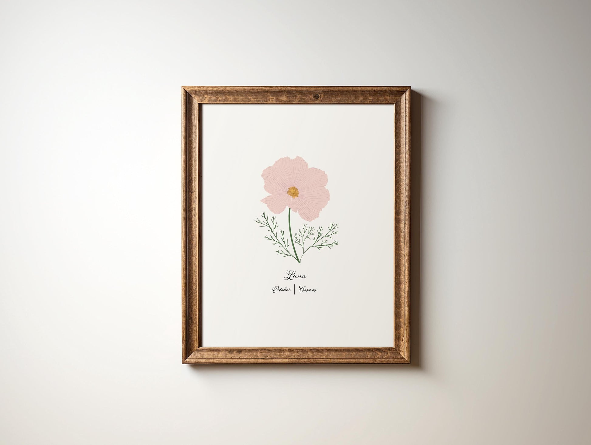 November birth flower gift.  This personalized art print has a cosmo botanical illustration for Nov birthday month flower and is custom with the gift recipients name.  The pink cosmo flower art print is framed in a walnut frame and hung on the wall.