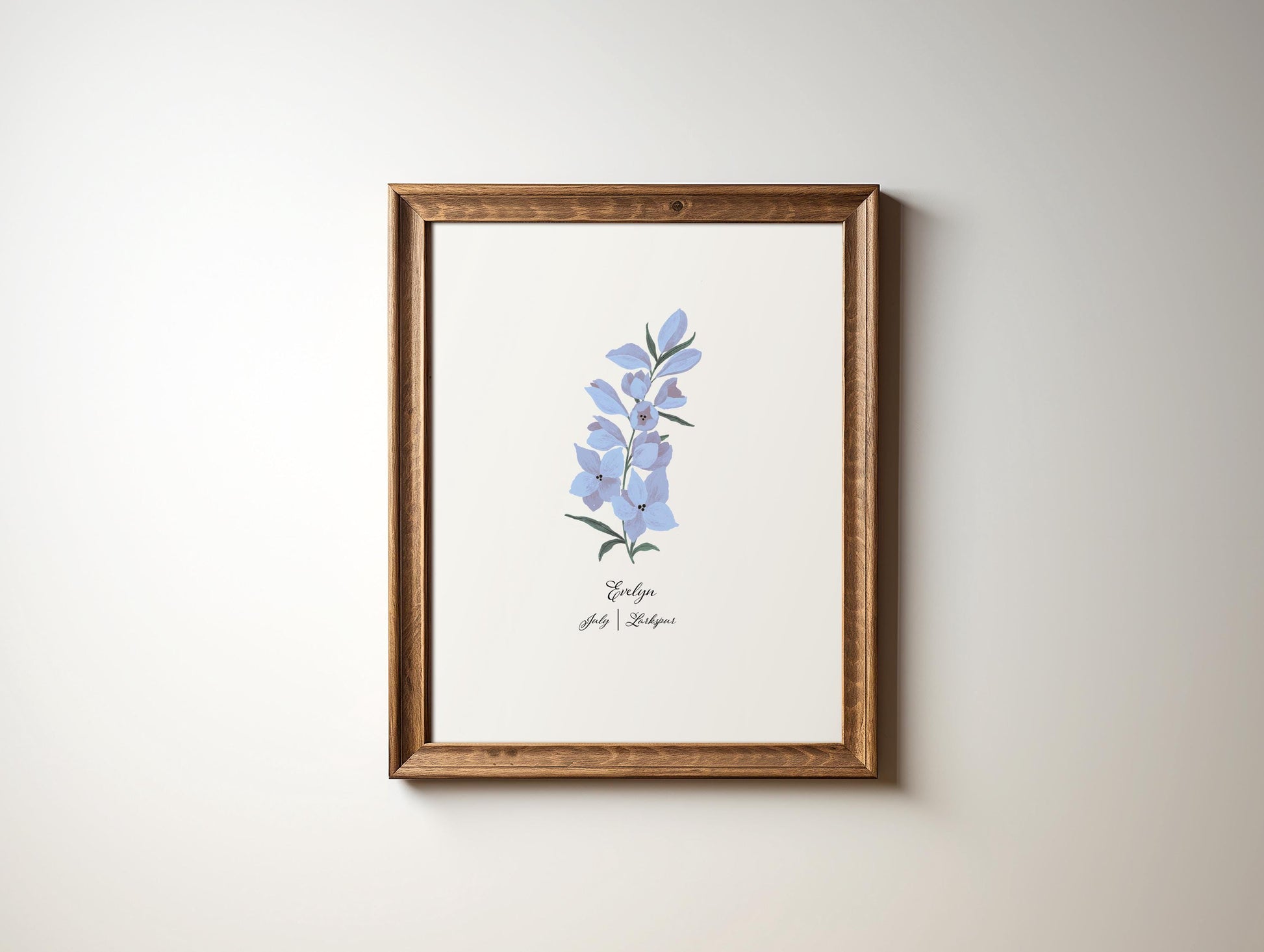 July Birth flower gift idea this personalized gift makes a meaningful customizable gift for birthdays, new moms, new baby girl, new parents, new grandparents, nieces, holiday, Christmas, Mothers Day for mom, July&#39;s birth month flower the Larkspur.