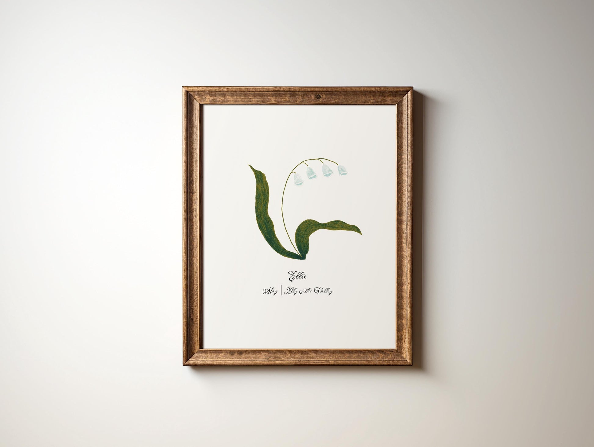May Birth flower personalized gift makes a meaningful custom gift for birthday month, baby gift, daughter, new parents, grandmother, niece, holiday, Christmas, Mothers Day gift for May&#39;s birth month flower lily of the valley illustration art print.