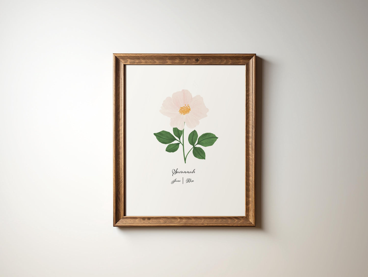 June birth flower gift personalized art print with soft pink rose which is birth month flower for June birthdays. This gift is made custom with adding the recipients name such as a child, little girl, toddler girl, tween girl, teen girl, new parents.