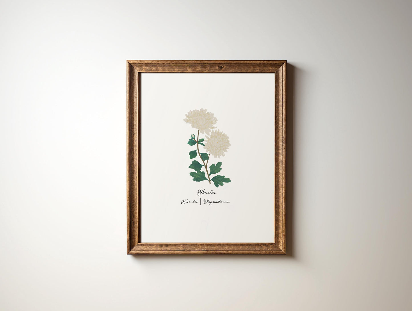 November birth flower personalized art print with nov&#39;s birthday month flower which is the chrysanthemum or mum for short illustration and made custom with the child or babys name.  The wall decor gift is hung in a walnut frame for November birthday