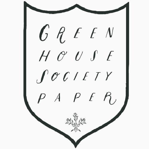 GREENHOUSE SOCIETY PAPER logo in a rich hunter green.  Hand lettering by Connecticut illustrator Danielle Silvie D&#39;Elia.  Small creative business logo crafted with calligraphy pen, sumi ink and hand drawn on a shield crest with floral line drawing.