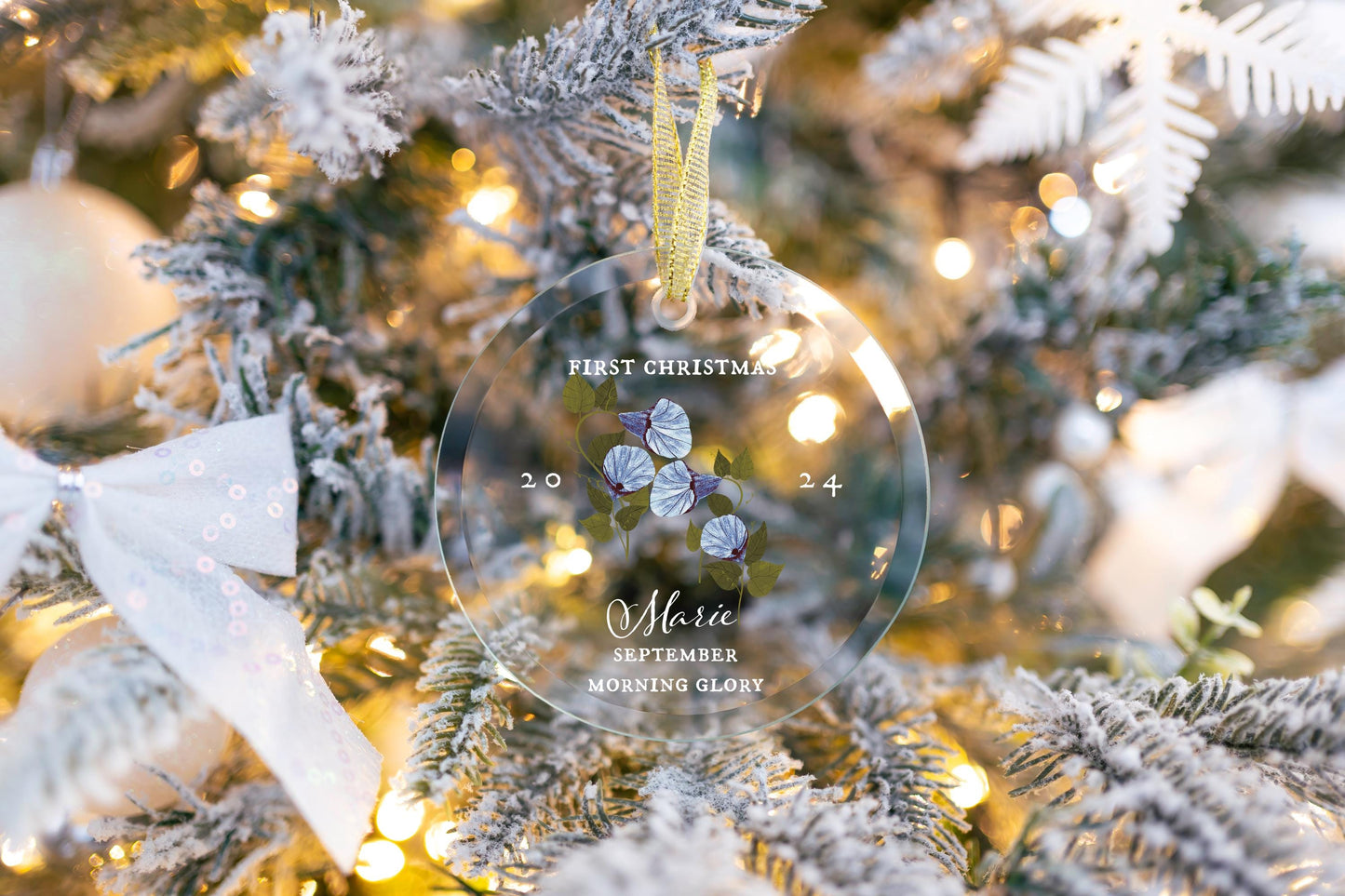 Personalized Babys First Christmas Ornament 2024, Custom September Birth Flower Glass Ornament gift hanging on a cute christmas tree with gold ribbon decorated with trendy bow ribbons. Blue morning glory flower art by Danielle Silvie D&#39;Elia.